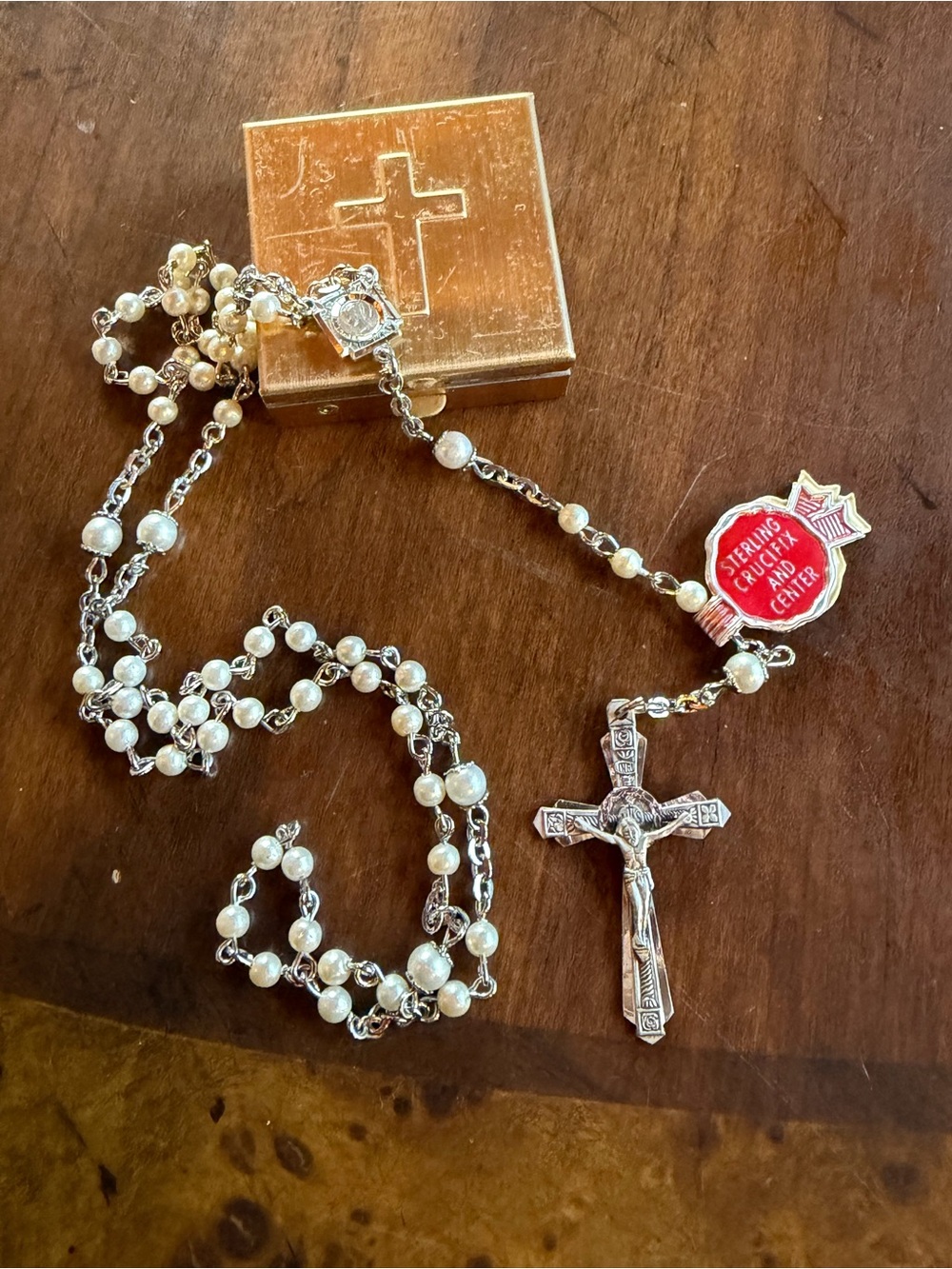 Chapel 925 Sterling Rosary Gold tone Box #N24 vintage new with tag USA